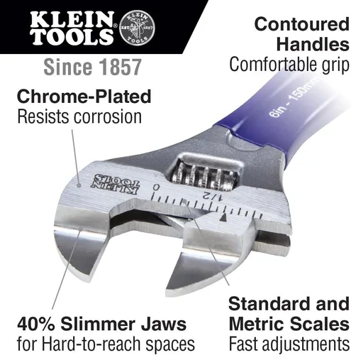 Vista 2 de Klein Tools D86934 Llave ajustable, forjada con mandíbula más delgada y un acabado cromado pulido, 6 pulgadas
