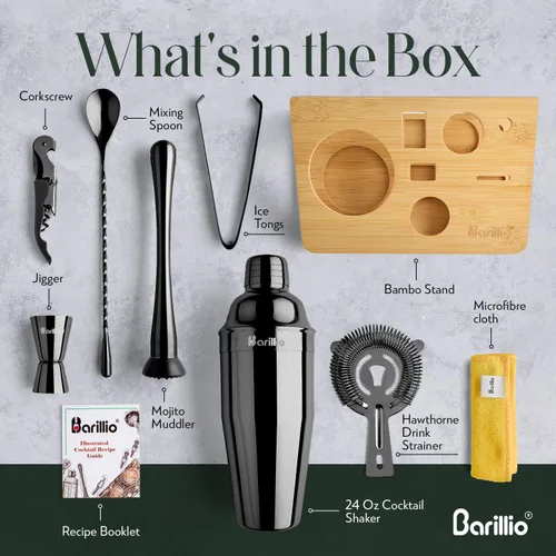 Vista 2 de Barillio Black Bartender Kit – Juego de coctelera de acero inoxidable con soporte de bambú – Herramientas de barra de mixología con coctelera