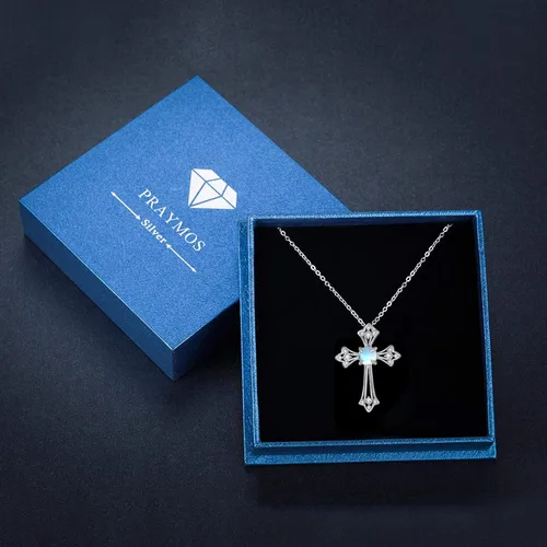 Vista 4 de PRAYMOS - Collar de plata de ley 925 con dije de cruz lateral, para mujer, ópalo sintético, cadena de 18 pulgadas y extensor ajustable de 2 pulgadas