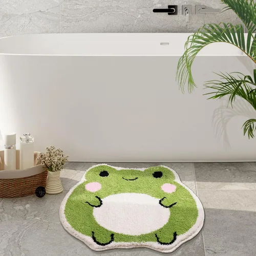 Vista 6 de Panstar Bonita alfombra de baño de rana antideslizante, alfombra de ducha peluda absorbente de lujo, divertida decoración de baño lavable