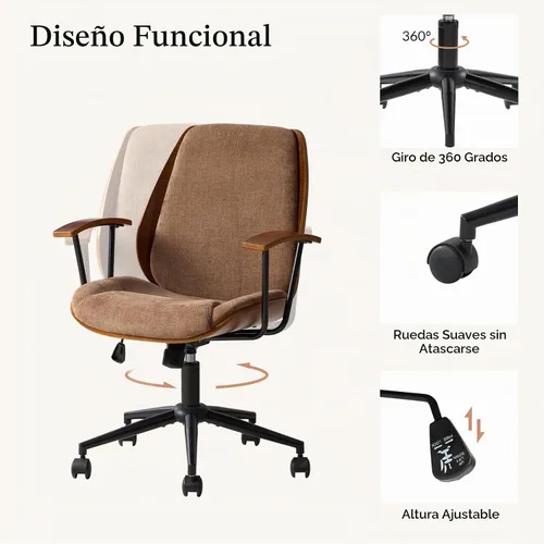 Vista 5 de HULALA HOME Silla de oficina de madera maciza con función mecedora, cómoda silla de escritorio de tela con base de madera doblada y metal, silla