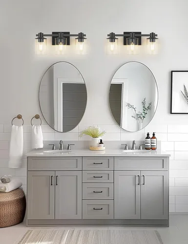 Vista 6 de L LOHAS LED Lámpara de baño negra de 3 luces sobre el espejo, moderna lámpara de tocador negra mate con pantalla de vidrio transparente, luces