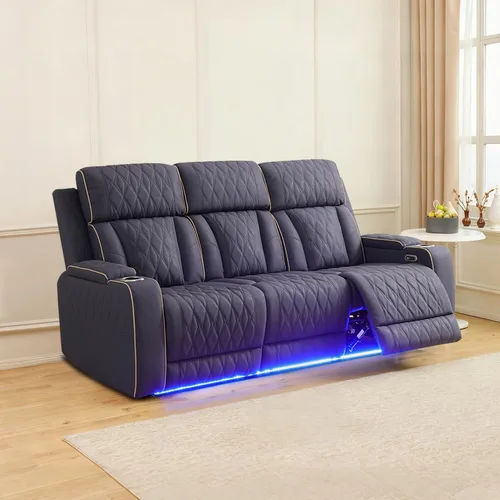Vista 17 de Sofá reclinable con luces LED, sofá reclinable de cuero con dos asientos reclinables/puerto USB/consola de almacenamiento/soporte para vasos