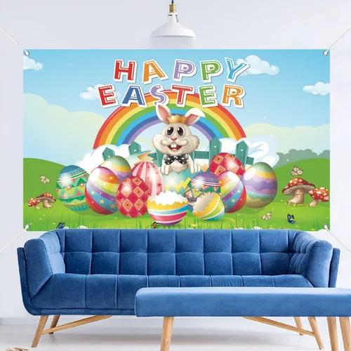 Vista 6 de Pancarta de fondo de feliz día de Pascua, 78 x 43 pulgadas, pancarta de Pascua de gran tamaño, pancartas de fondo azul, suministros de decoración