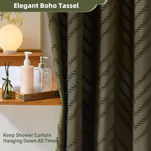 Vista 76 de Cortina de ducha Siiluminisoy de 36x72 beige, cortina de ducha de tela de tamaño pequeño, cortinas de ducha de tela con tufting, diseño chevron a
