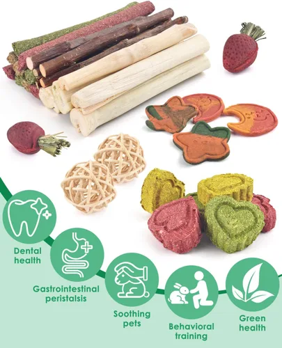 Vista 2 de ERKOON 33 juguetes masticables de conejo para dientes de conejo, juguetes naturales de conejo de madera de manzana, zanahoria, golosinas de hierba