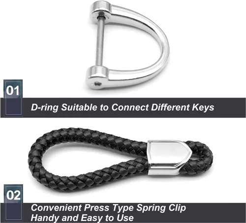 Vista 5 de Llaveros de cuero para llavero de automóvil, soporte de metal resistente con anillo en D para hombres y mujeres, 1 paquete, negro, largo