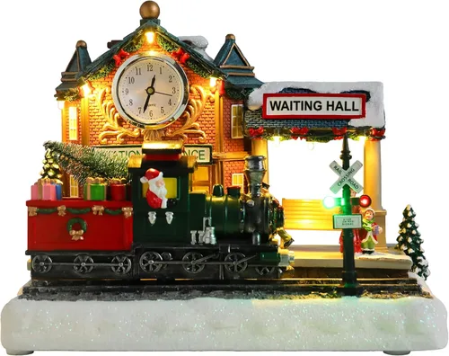 Vista 11 de Vipush Decoraciones de Casa de Pueblo Navideño de Resina Juego de Tren con Papá Noel Volador Decoración del Hogar Interior Figuras de Edificios Tren