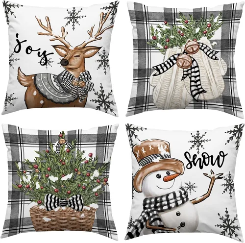 Vista 13 de MIRLEWAIY Paquete de 4 fundas de almohada de 18 x 18 pulgadas, diseño de reno de Navidad, muñeco de nieve de granja, feliz Navidad, feliz año nuevo