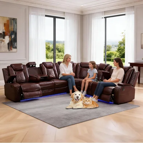 Vista 7 de Sofá Seccional Reclinable Eléctrico de Cuero Blanco Crema, Mueble Sala Cine en Casa con Iluminación LED, Consola Almacenamiento, Portavasos y Carga