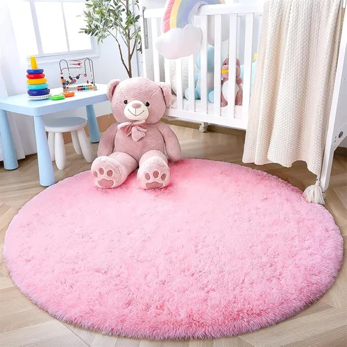 Vista 4 de Alfombra redonda rosa para dormitorio, alfombra circular esponjosa de 4 pies para habitación de los niños, alfombra suave antideslizante, alfombra
