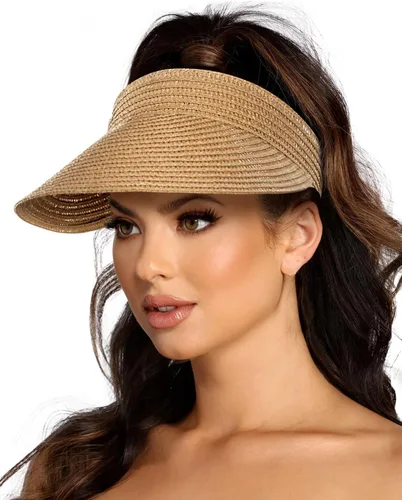 Vista 7 de Beach Sun Visor Hats for Women, Wide Brim UPF50+ Protection Straw Hat Packable Foldable Summer Beige