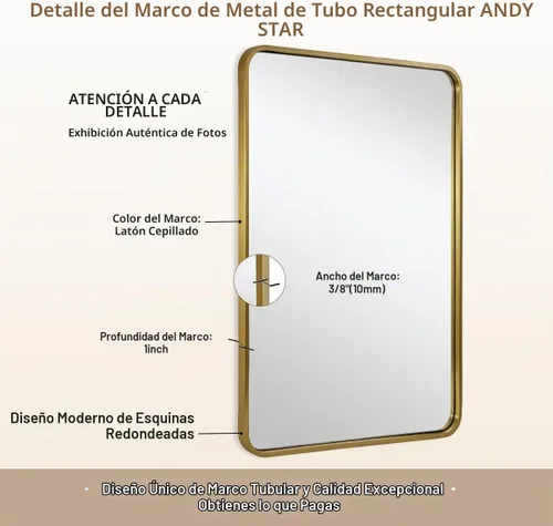Vista 4 de ANDY STAR - Espejo de latón para baño, espejo rectangular redondeado de 22x30 pulgadas con marco de metal cepillado dorado, espejo de tocador
