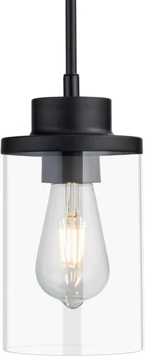 Vista 9 de Moderna Lámpara Colgante de Granja Negra de Vidrio Transparente Cilíndrico, Iluminación Colgante de Metal Industrial Mini para Isla de Cocina, Mesa