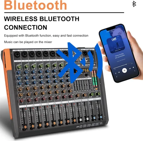 Vista 5 de Mezclador de 8 canales para karaoke, iglesia y fiesta Bluetooth USB Audio Mixer con 48V Phantom Power