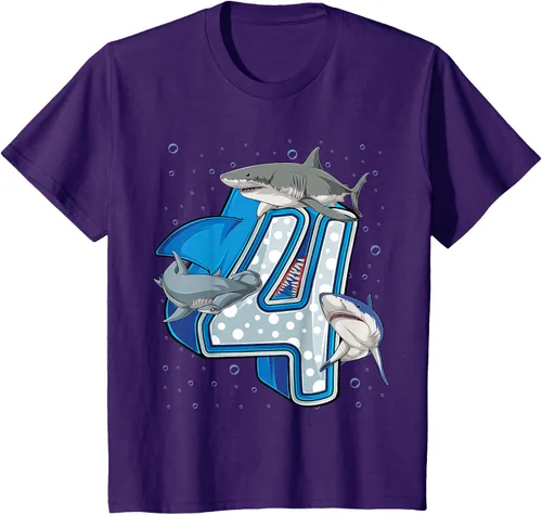 Vista 24 de Camiseta de 4.º cumpleaños para niños de 4 años con diseño de tiburón oceánico Negro