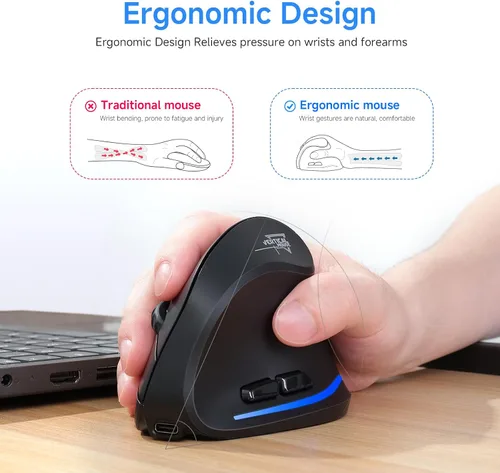 Vista 3 de ECHTPower Ratón inalámbrico ergonómico, mouse vertical Bluetooth con luz LED, controla hasta 3 dispositivos (BT5.0+BT5.0+2.4GHz), DPI ajustable