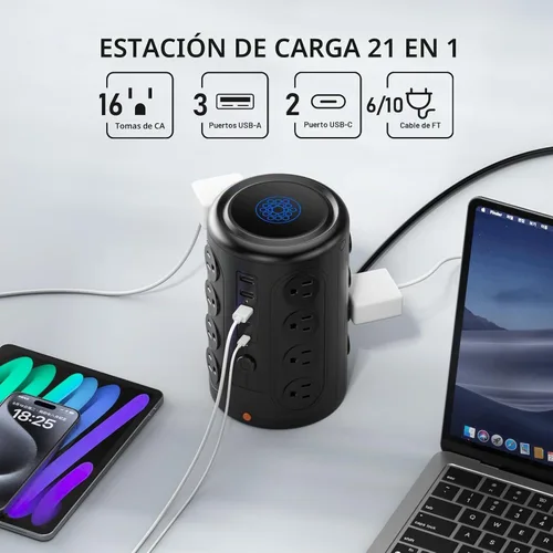 Vista 2 de TenTrend - Regleta de alimentación con protector de sobretensiones, cable de 10 pies, torre de alimentación vertical con 16 tomas de corriente y 5