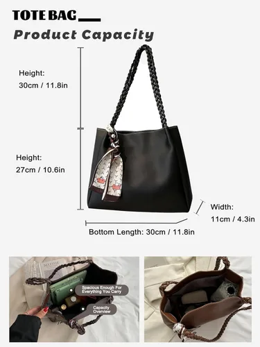 Vista 3 de Bolso de mano para mujer, de piel sintética, decorativo, para el trabajo, viajes, diario, con cremallera, correa de cuerda trenzada