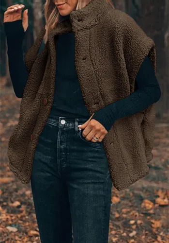Vista 70 de Hongqizo - Chaleco de forro polar mullido para mujer, casual, de gran tamaño, cálido, con botones, chaqueta de sherpa con bolsillos