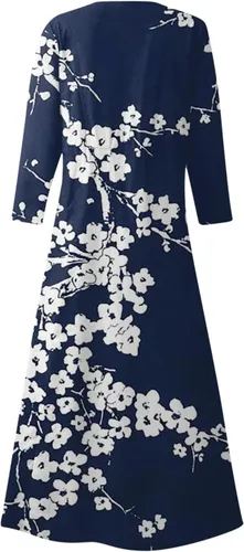 Vista 3 de EKVAHL Vestido de manga 34 para mujer, vestidos de otoño, casual, holgado, talla grande, cuello redondo, estampado floral, elegante vestido largo