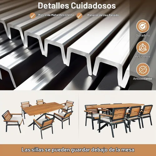 Vista 5 de Juego de comedor de patio al aire libre de 7 piezas, madera de acacia con marco de hierro, mesa rectangular para todo tipo de clima y 6 sillas