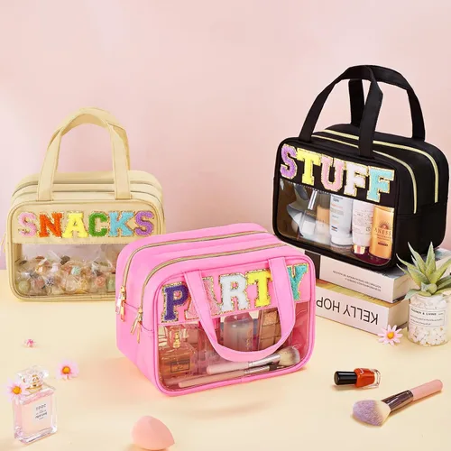 Vista 3 de Bolsa de Maquillaje Transparente con Letras de Chenilla, Bolsa de Cosméticos Preppy Transparente, Bolsas de Snacks Transparentes con Cremallera