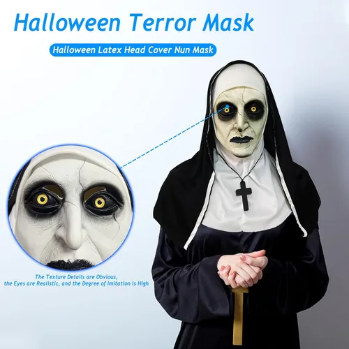 Vista 4 de Máscara de terror de monja 2024, máscara de disfraz de cabeza completa con collar de cruz para fiesta de Halloween