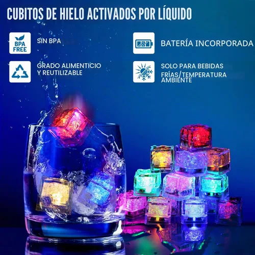 Vista 2 de Cubos de hielo iluminados, paquete de 12/24/60/96 cubos de hielo LED multicolor para bebidas con luces cambiantes, IP67, impermeable, reutilizable