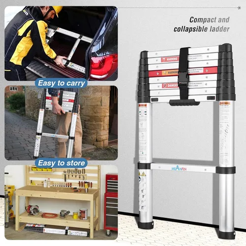 Vista 6 de Escalera telescópica de aluminio de 8.5 pies, escalera de extensión plegable de retracción con un botón para loft de techo de RV, escalera