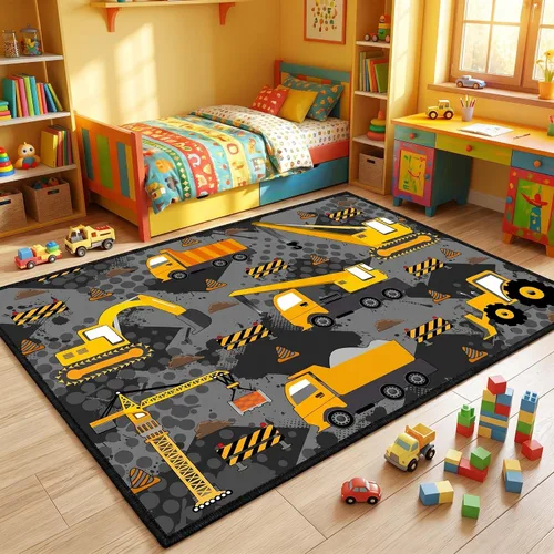 Vista 13 de Alfombra de construcción – Alfombras de construcción para habitación de niños, divertido diseño de camión de dibujos animados, alfombra de coche