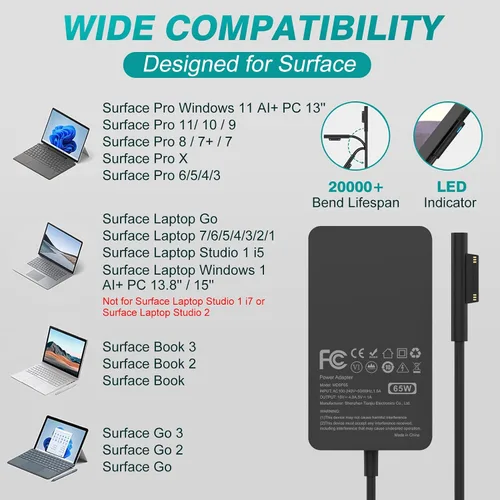 Vista 2 de Cargador de 65 W compatible con Microsoft Surface Pro 11, 10, 9, 8, 7+, 7, 6, 5, 4, 3, X, adaptador de corriente para Windows Surface Laptop