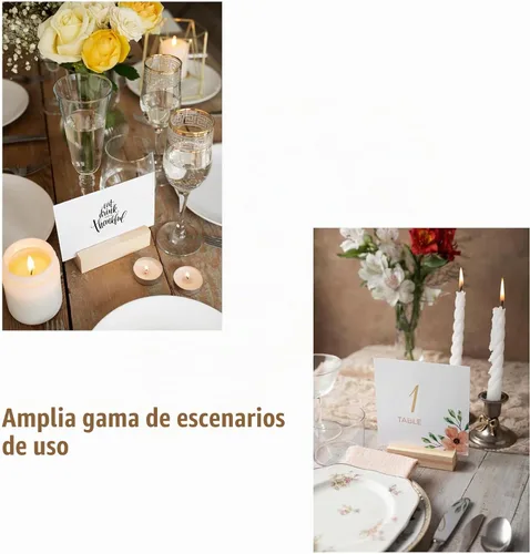Vista 3 de 6 soportes de madera para tarjetas de lugar, soportes de madera para números de mesa, soportes de madera para letreros acrílicos, bodas, ceremonias
