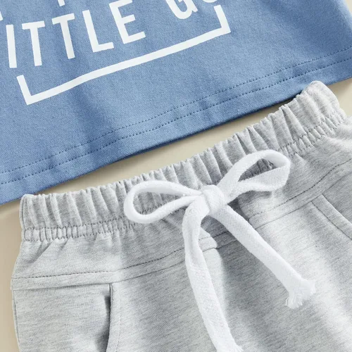 Vista 6 de Conjunto de ropa para niños pequeños, con estampado de Little Dude y pantalones cortos casuales con cordón para el verano