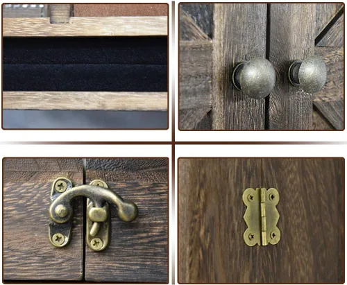 Vista 6 de Organizador de joyas rústico montado en la pared con decoración de puerta de granero de madera, soporte de pared de madera, soporte de joyería