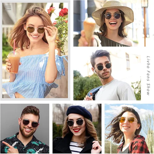Vista 2 de livho Gafas de sol polarizadas con protección UV retro redondas hippie para mujeres y hombres a la moda pequeños lentes espejados marcos de metal