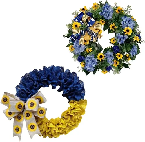Vista 6 de Corona de primavera con bandera de Ucrania, girasol, decoración de primavera, corona ucraniana azul y amarilla para decoración del hogar, porche