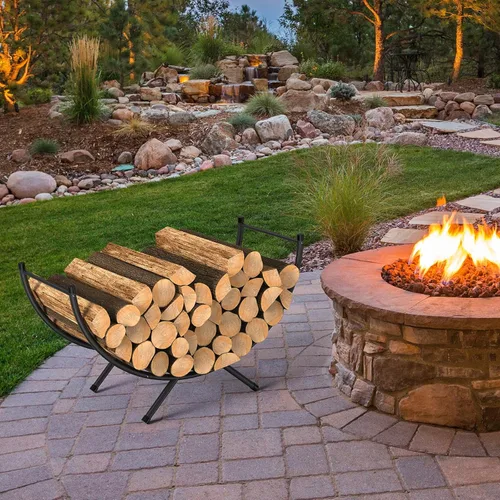 Vista 4 de NANANARDOSO Estante curvado para leña, soporte de troncos de chimenea de metal con recubrimiento de polvo de 24 pulgadas para almacenamiento