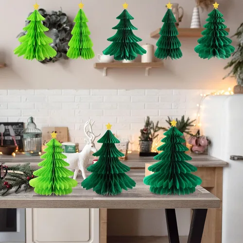 Vista 6 de 6 piezas de árbol de Navidad de panal, tres tamaños de papel 3D de Navidad colgantes para decoración de árbol de Navidad, suministros de fiesta