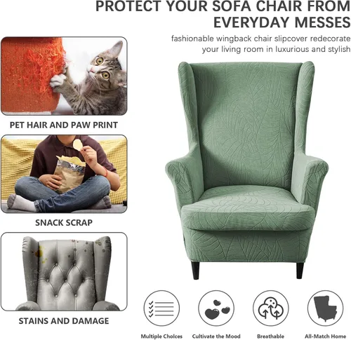 Vista 5 de Funda impermeable para silla con respaldo de alas, funda elástica de jacquard para silla de ala de 2 piezas, funda para sofá de brazo con respaldo