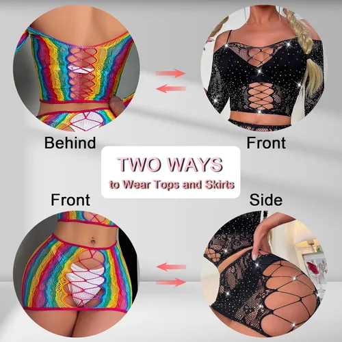 Vista 4 de QCWQMYL Conjunto de lencería para mujer, diseño de malla de encaje travieso, body de 2 piezas