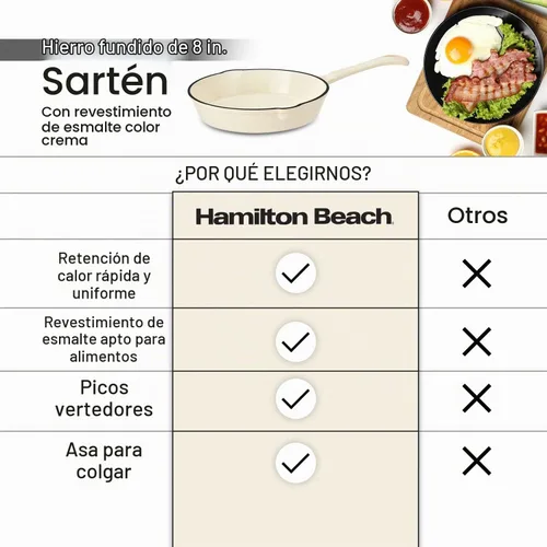 Vista 4 de Sartén de Hierro Fundido Esmaltada Hamilton Beach de 8 Pulgadas en Crema, Revestimiento Esmaltado en Crema, Sartén para Estufa y Horno