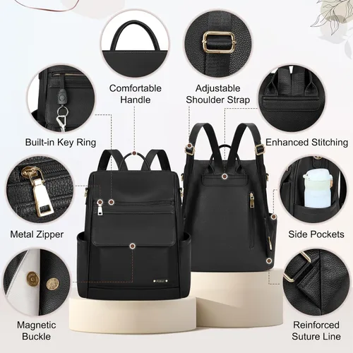Vista 5 de NUBILY Mochila de cuero antirrobo para mujer, mochila de viaje, impermeable, casual, mochilas de moda, Negro -, Moda