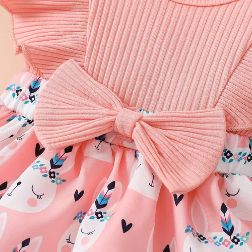 Vista 5 de Lindo mameluco para bebés y niñas con estampado de flores, encaje con volantes, lazo frontal, diadema