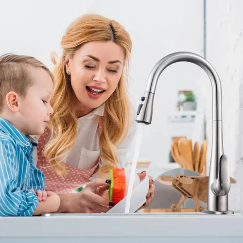 Vista 2 de Grifo de Cocina con Dispensador de Jabón y Pulverizador Extraíble - Grifo de Fregadero de Cocina de Acero Inoxidable con Una Sola Manija, Diseño
