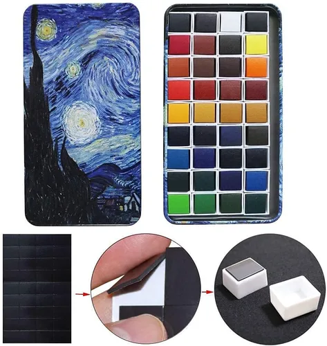 Vista 2 de Juego de pintura de acuarela, pigmento sólido de 36 colores en medias sartenes de 0.07 onzas líquidas con paleta de mezcla, kit de pintura