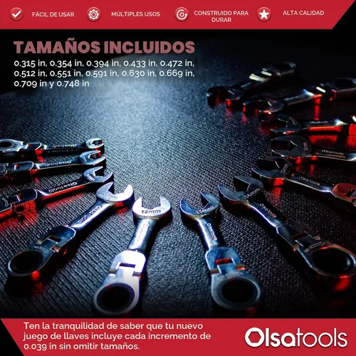 Vista 2 de Olsa Tools Juego de llaves de trinquete rechonchas, 12 piezas, cabezal flexible métrico, extremo de caja de 6 puntos, 120 dientes, funciona en 12