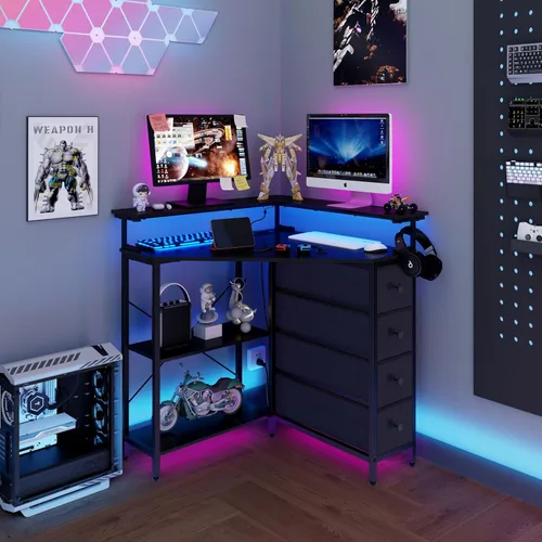 Vista 4 de VENNQD Escritorio esquinero con cajones y estantes para espacio pequeño, escritorio triangular de computadora de 90 grados con tomas de corriente