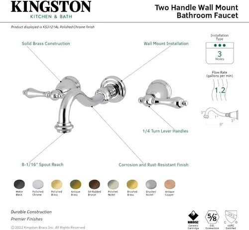 Vista 3 de Kingston Brass KS3123AL - Grifo de baño de montaje en pared central de 8 pulgadas, latón antiguo