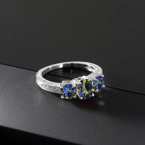 Vista 25 de Gem Stone King Anillo de compromiso de 3 piedras preciosas de oro blanco de 10 quilates con piedra natal y diamantes cultivados en laboratorio